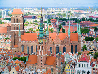 Poster - Tourist destination of Gdansk, Town Hall and St. Mary's Basilica, aerial landscape