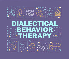 Sticker - Dialectical behavior therapy word concepts purple banner. Infographics with editable icons on color background. Isolated typography. Vector illustration with text. Arial-Black font used