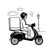 Delivery man riding scooter on background of urban landscape. Hand drawn vector illustration.