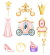 Set of fairy tale princess elements, isolated illustration on a white background, baby girl shower clipart