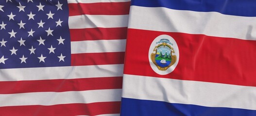 Sticker - Flags of USA and Costa Rica. Linen flag close-up. Flag made of canvas. United States of America. San Jose. State national symbols. 3d illustration.