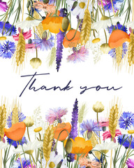 Card template, floral border of summer meadow flowers and plants (cornflowers, chamomiles, wheat spikelets etc), illustration on white background, Thank you card design