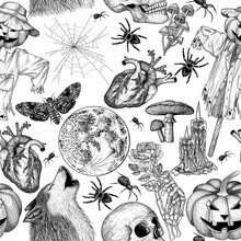 Seamless Vector Halloween Pattern In Engraving Style. Graphic Skull, Carved Pumpkin, Skeletal Hand, Moth, Tarantula Spider, Cobweb, Candles, Full Moon, Wolf, Human Heart, Scarecrow