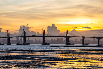 Canvas Print - Kinmen Bridge under construction in Taiwan at sunset time