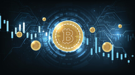 Poster - Bitcoin trading market data chart on dark blue background.Financial growth and Investing design concept.Cryptocurrency trading. Bitcoin Logo and defocused chart background.