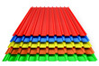 Stack of pre-painted corrugated iron profile sheets for roof of different color - 3d illustration