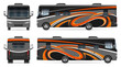 RV motorhome wrap vector mockup on white for vehicle branding, corporate identity. View from side, front and back. All elements in the groups on separate layers for easy editing and recolor.