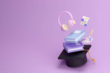 Back to school education background concept school accessories and items. 3D render illustration.