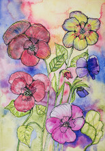 Pansies Watercolor Doodle. The Dabbing Technique Near The Edges Gives A Soft Focus Effect Due To The Altered Surface Roughness Of The Paper.