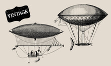 Vintage Transportation. Passenger Aircraft. Balloon, Dirigible Or Zeppelin, Airplane. Retro Line Drawing. Engraving Old Transportation. Travel Journey Concept. Invention Of Flying Aircraft Machines