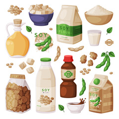 Poster - Soy Products from Soybean Plant with Soy Meat, Oil in Jar and Milk Vector Set