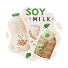 Sticker - Natural Soy Product from Soybean Plant with Milk in Carton and Bottle Vector Composition