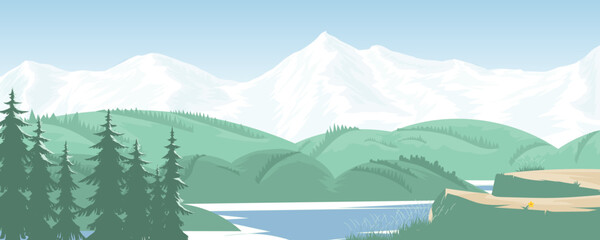 Wall Mural - river with forest and mountains Snowy mountain landscape as a backdrop of pine forest in summer Templates for book cover designs, web backgrounds, posters, landscapes, and presentations.