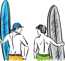 Two Men Surfers With Surf Boards Talking Together Vector Illustration