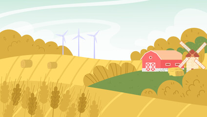 Autumn landscape. Flat vector illustration with wheat fields, farm and windmill. Concept of the countryside.