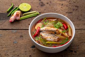 Wall Mural - Tom Yum canned mackerel with glass noodle in spicy soup. Asian food