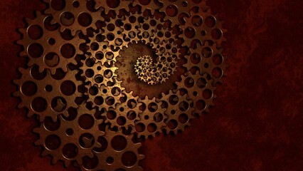 Wall Mural - Steampunk accessories. Old watch gears on dark metal background. Rusty metallic spiral. 3D rendering