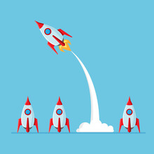 Think And Being Differently. Rocket Launch In A Flat Style Isolated On Blue Background. Concept Of Taking Risky. Vector Illustration.