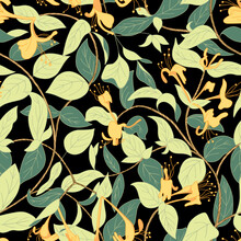 Blooming Honeysuckle Seamless Pattern. Dark Background For Fashion, Wallpapers, Print, Paper, Cover, Fabric, Interior