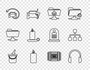 Poster - Set line Bottle of wine in bucket, Headphones, FTP folder upload, Burning candle, Electric car, candlestick, Wooden barrel for and Hierarchy organogram chart icon. Vector