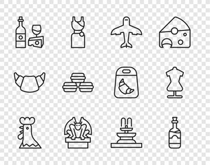 Sticker - Set line French rooster, Bottles of wine, Plane, Gargoyle on pedestal, Wine bottle with cheese, Macaron cookie, Fountain and Mannequin icon. Vector