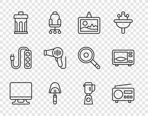 Sticker - Set line Smart Tv, Radio, Picture, Spatula, Trash can, Hair dryer, Blender and Microwave oven icon. Vector