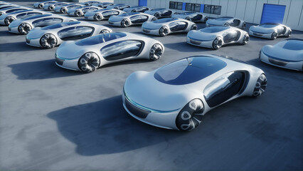 Wall Mural - Futuristic electrick cars on warehouse parking. Logistic center. Green energy concept. 3d rendering.