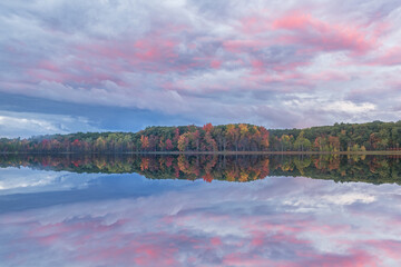 Wall Mural - Autumn landscape at dawn of the shoreline of Deep Lake, Yankee Springs State Park, Michigan, USA