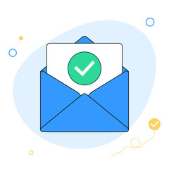 Opened envelope and document with green check mark line icon. Official confirmation message, mail sent successfully, e-mail delivery, verification email. Flat design. Vector