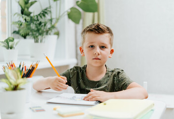 Wall Mural - School kid boy studying at home with book, draw in notepad and doing homework. Thinking caucasian child siting at table with notebook. Back to school. Distance learning online education.