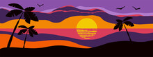 Tropical Sunset With Palms Vector Landscape, Digital Background Good For Wallpaper And Print Design