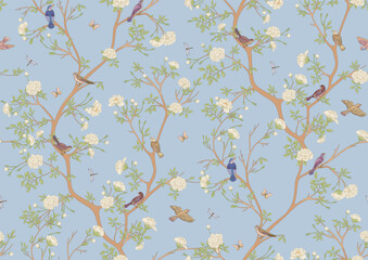  Camellia blossom tree With sparrow, finches, butterflies, dragonflies. Seamless pattern, background. Vector illustration. Chinoiserie, traditional oriental botanical motif.