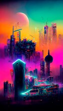 Colorful Multicolored Bright Picture. Painted Bright Multicolored Futuristic City. Abstract Colorful Background.