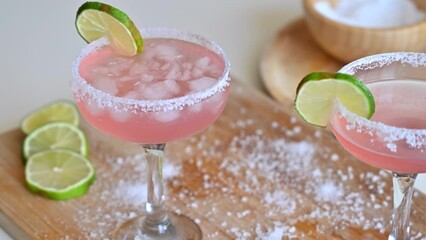 Sticker - Glass of pink margarita drink with ice and lemon