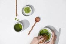 Matcha Tea Prepared With Bamboo Whisk