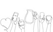 Set of jug and hands holding different glasses with non-alcoholic summer drinks. Vector Background. One line drawing style.