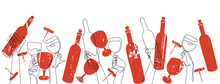 Wine Pattern. Horizontal Set With Hands Holding Bottles, Glasses And Corkscrew. Vector Background.
