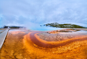 Yellowstone iconic Grand Prismatic Spring from boardwalk in spring