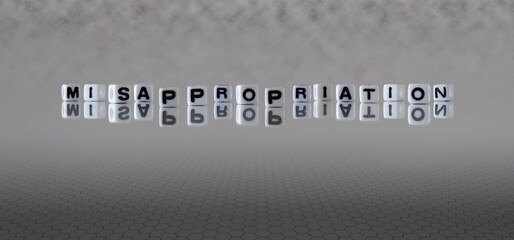 misappropriation word or concept represented by black and white letter cubes on a grey horizon background stretching to infinity