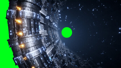 Wall Mural - space futuristic base with ships traffic. futuristic concept. green screen isolate. 3d rendering.
