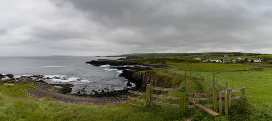 Wall Mural - panorama view of rugged green coastline with a hiking trail in the foreground