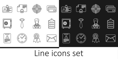 Poster - Set line Envelope, Clipboard with checklist, Target sport, Tie, Safe, Identification badge, User of man in business suit and Certificate template icon. Vector