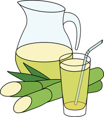 Doodle cartoon style green yellow sugarcane juice in a jug. Refreshing healthy natural drink, cocktail ingredient. For card, stickers, posters, bar menu or cook book recipe.