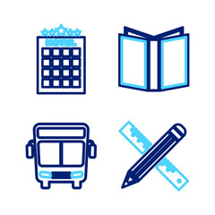 Wall Mural - Set line Crossed ruler and pencil, Bus, Open book and Hotel building icon. Vector