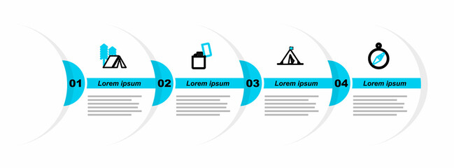 Sticker - Set line Compass, Tourist tent with flag, Lighter and icon. Vector