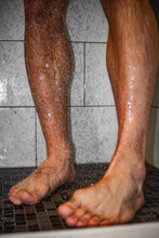 Hairy Masculine Legs In Shower Room