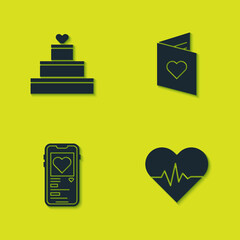 Sticker - Set Wedding cake with heart, Heart rate, Mobile and Valentines day flyer icon. Vector