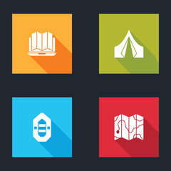 Sticker - Set Location of the forest in laptop, Tourist tent, Rafting boat and map icon. Vector