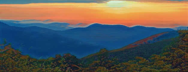 Wall Mural - Sunrise over Shenandoah National Park, with mountains in silhouette and the sky a golden orange.