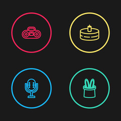 Sticker - Set line Microphone, Magician hat and rabbit ears, Cake with burning candles and Home stereo two speakers icon. Vector